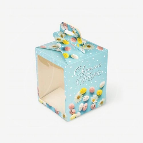 Коробка для кулича с окном небесно-голубая 15х15х18 см КУ-768